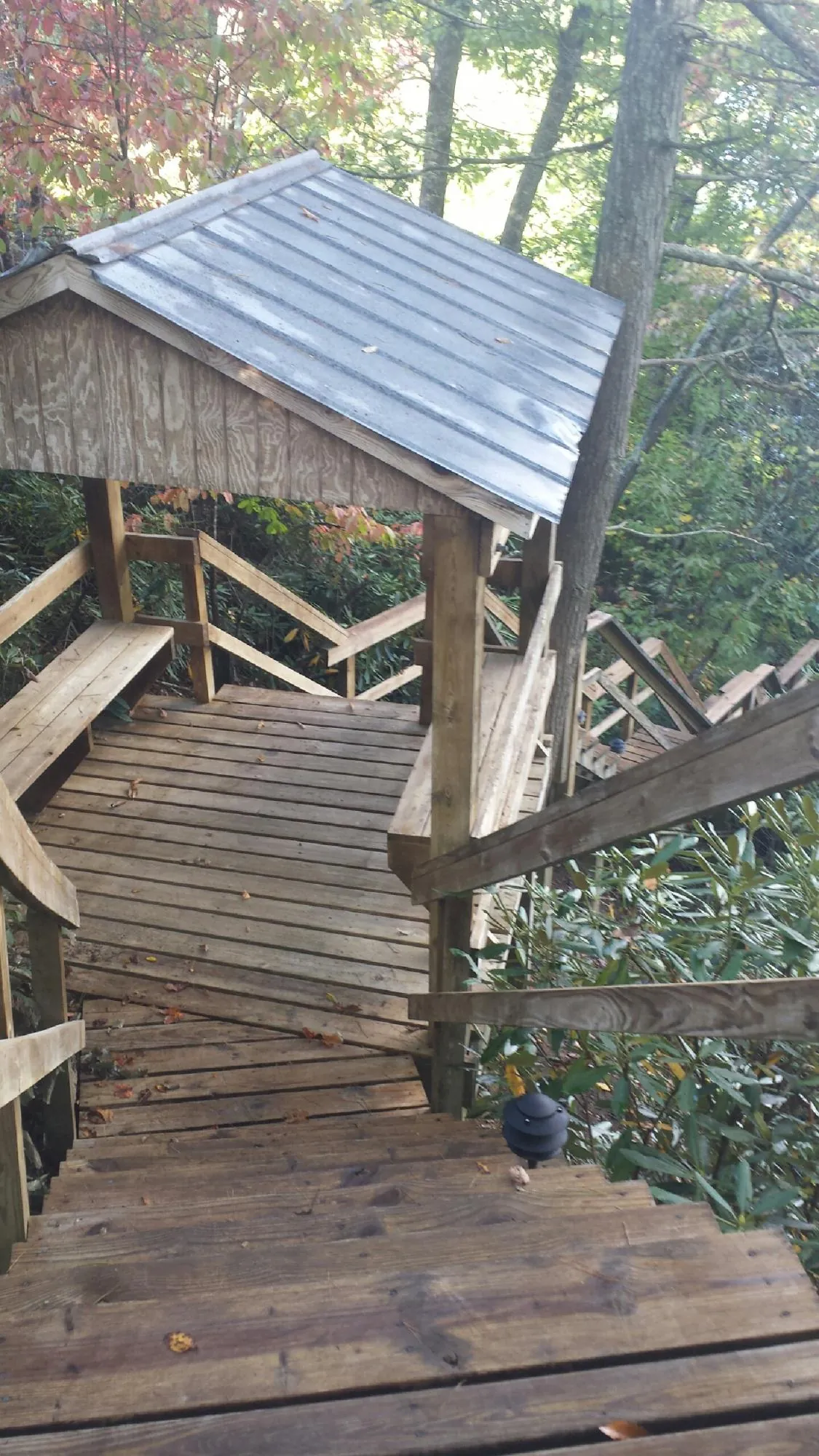 Metal roofed shelter over wooden steps on a wooded walkway — Skylight Repair & Installation work by our crew in Esmont